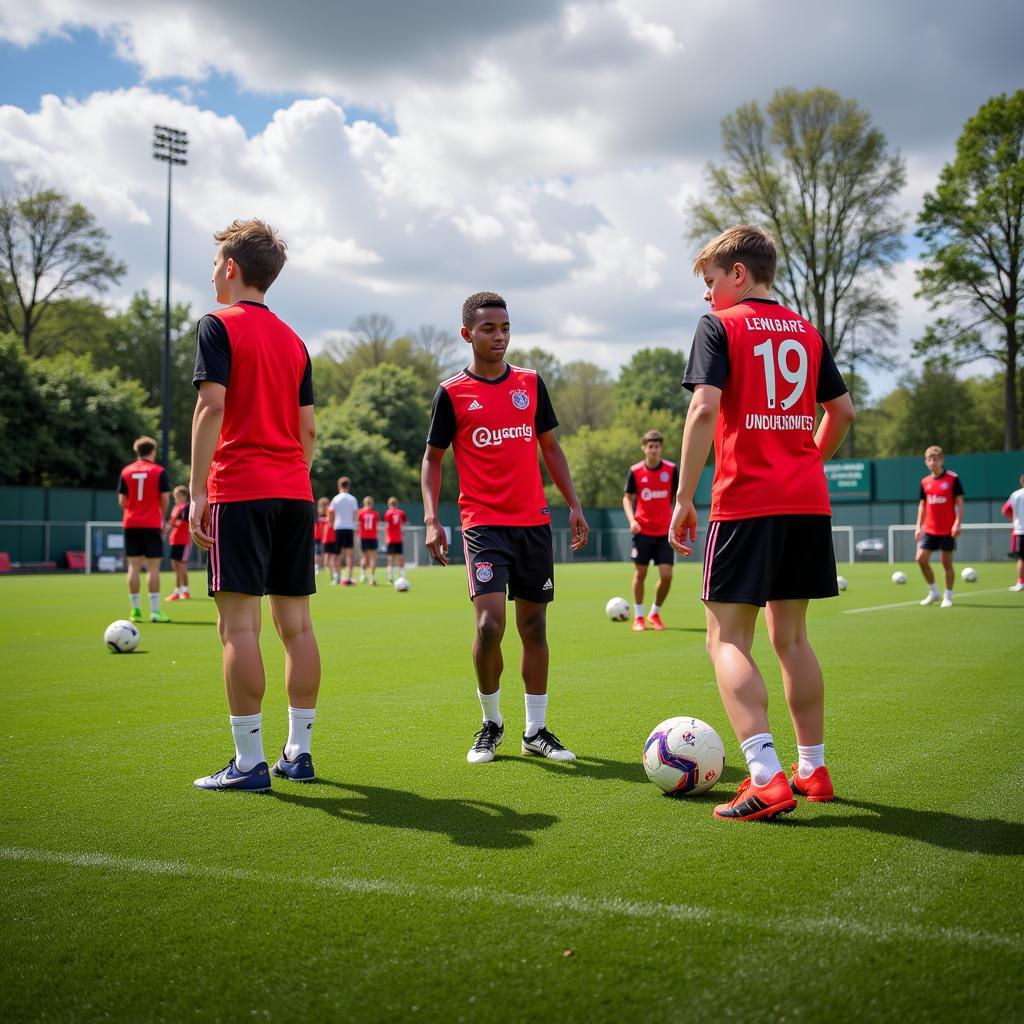 Jugendspieler von Bayer 04 Leverkusen trainieren.