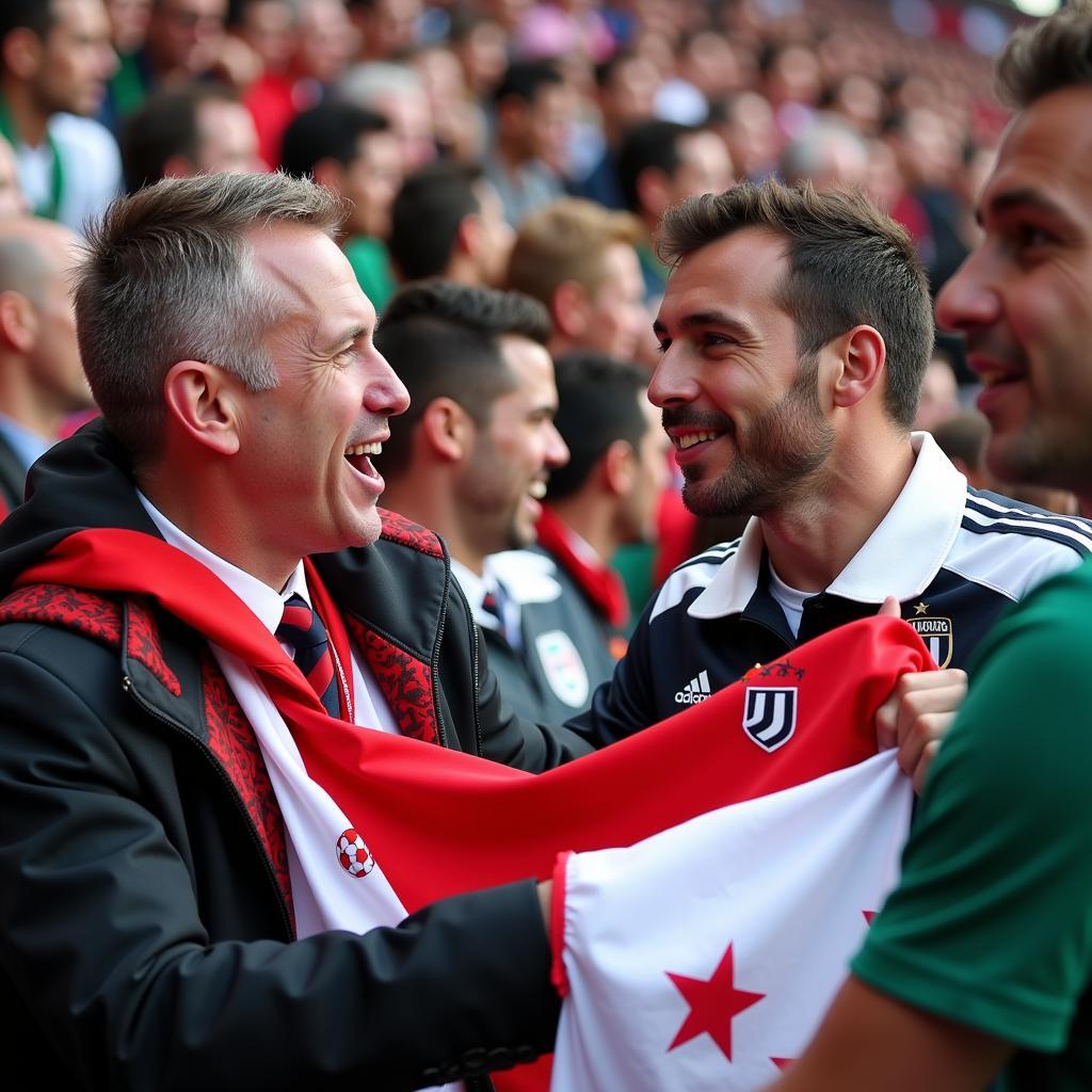 Fans von Bayer 04 Leverkusen und Juventus Turin im Stadion.