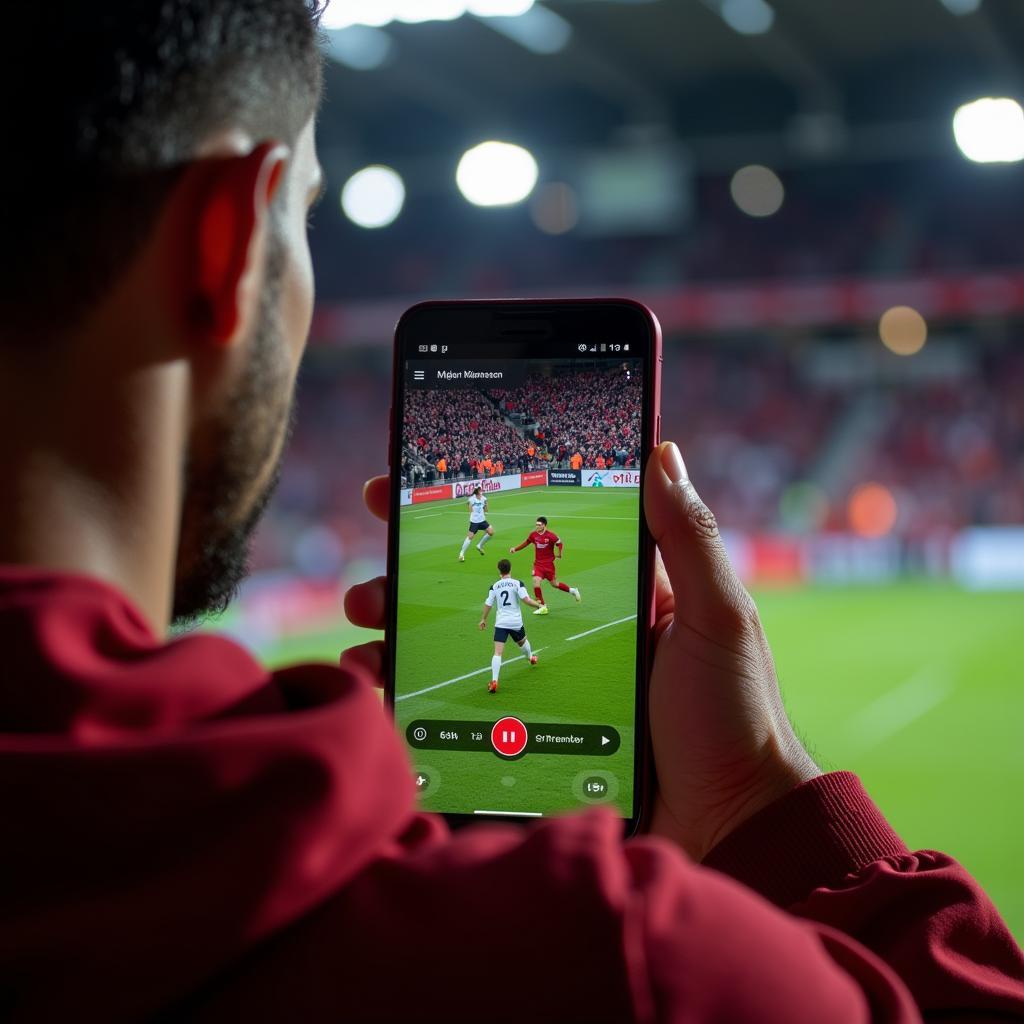 Ein Fan verfolgt das Bayer 04 Leverkusen Live-Spiel auf seinem Smartphone.