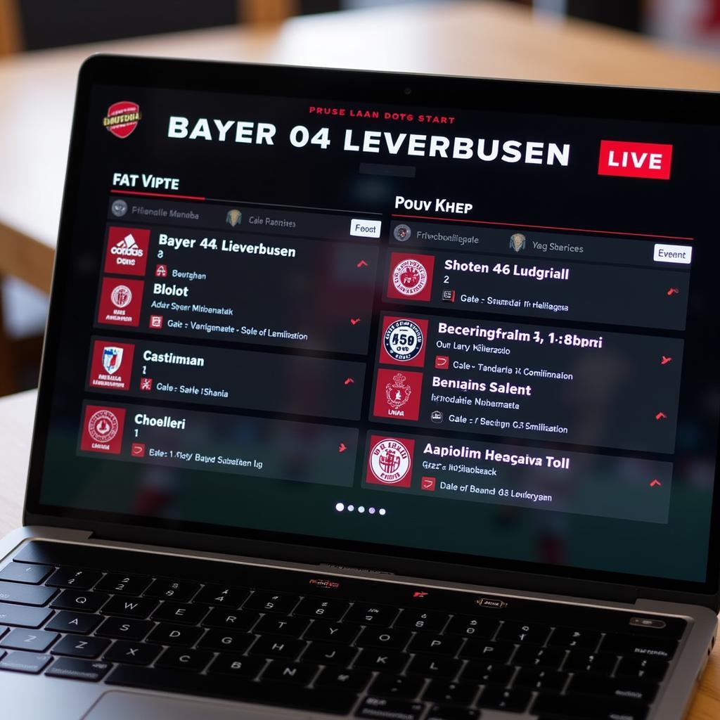 Live-Ticker eines Bayer 04 Leverkusen Spiels auf einem Laptop.