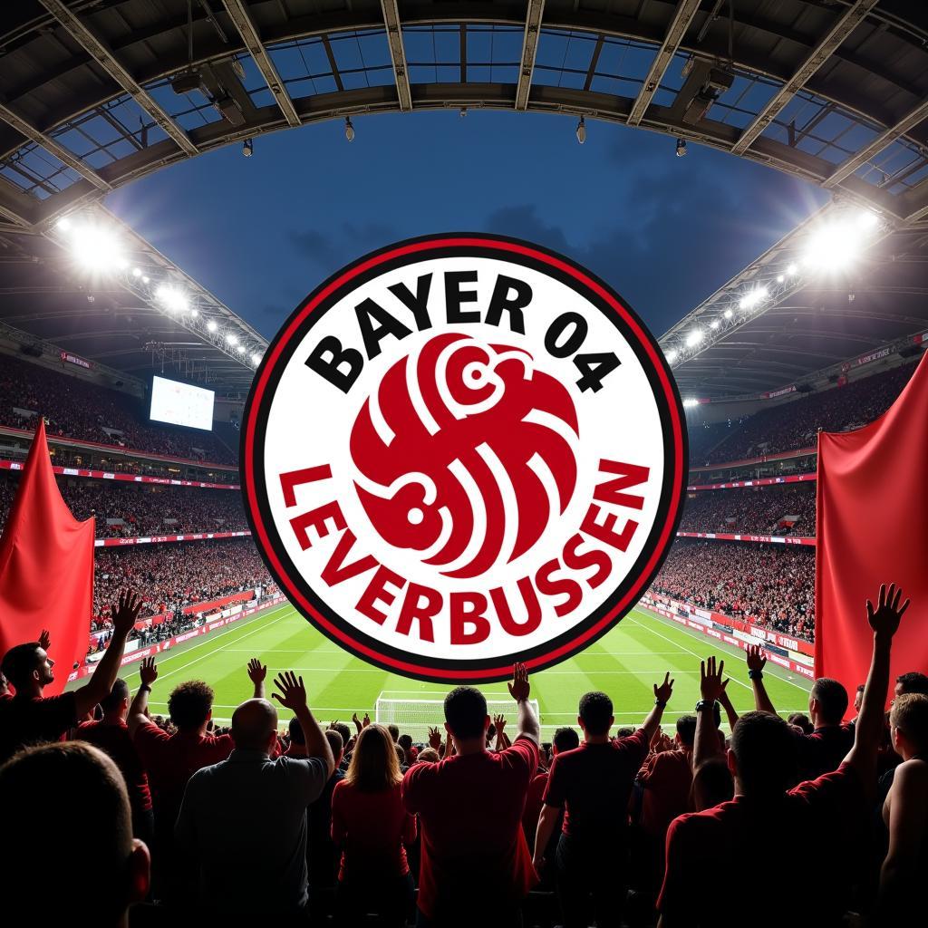 Bayer 04 Leverkusen Logo, BayArena Stadion und jubelnde Fans