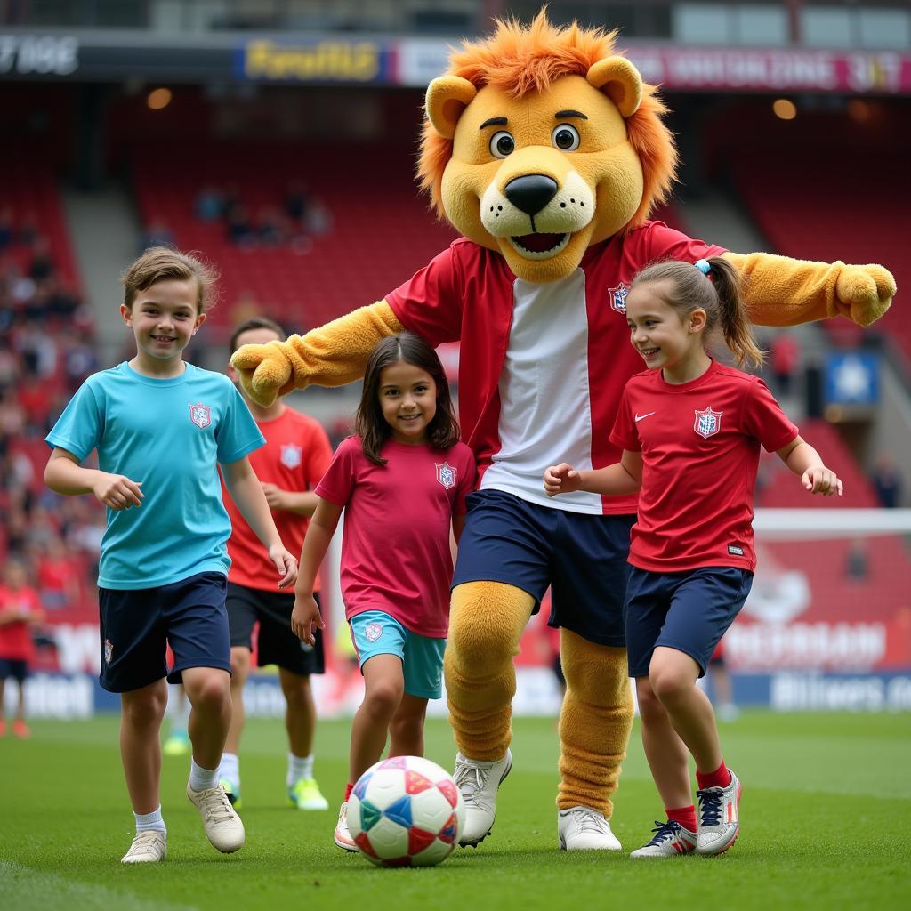 Bayer 04 Leverkusen Löwenclub Aktivitäten: Kinder spielen Fußball mit Maskottchen Brian the Lion.