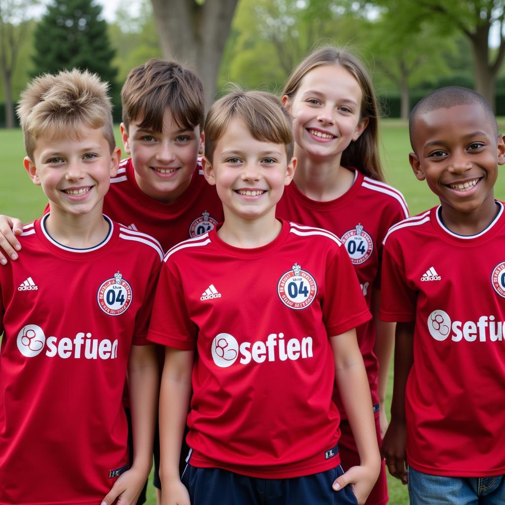 Bayer 04 Leverkusen Löwenclub Gemeinschaft: Gruppe von Kindern im Bayer 04 Trikot lächelnd in die Kamera.