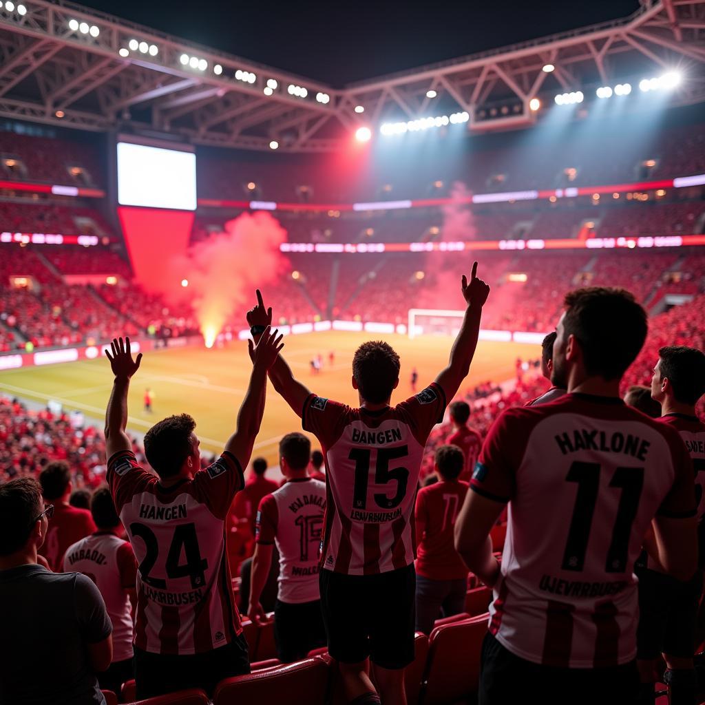 Bayer 04 Leverkusen Mitglieder in der BayArena feiern ein Tor.