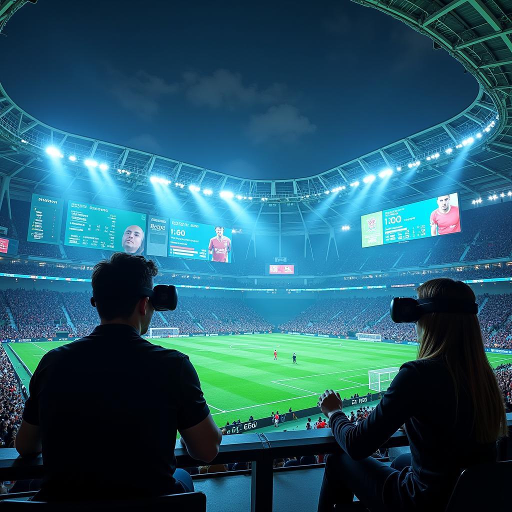 Bayer 04 Leverkusen Online Zukunft: Ein futuristisches Stadion mit digitalen Elementen.