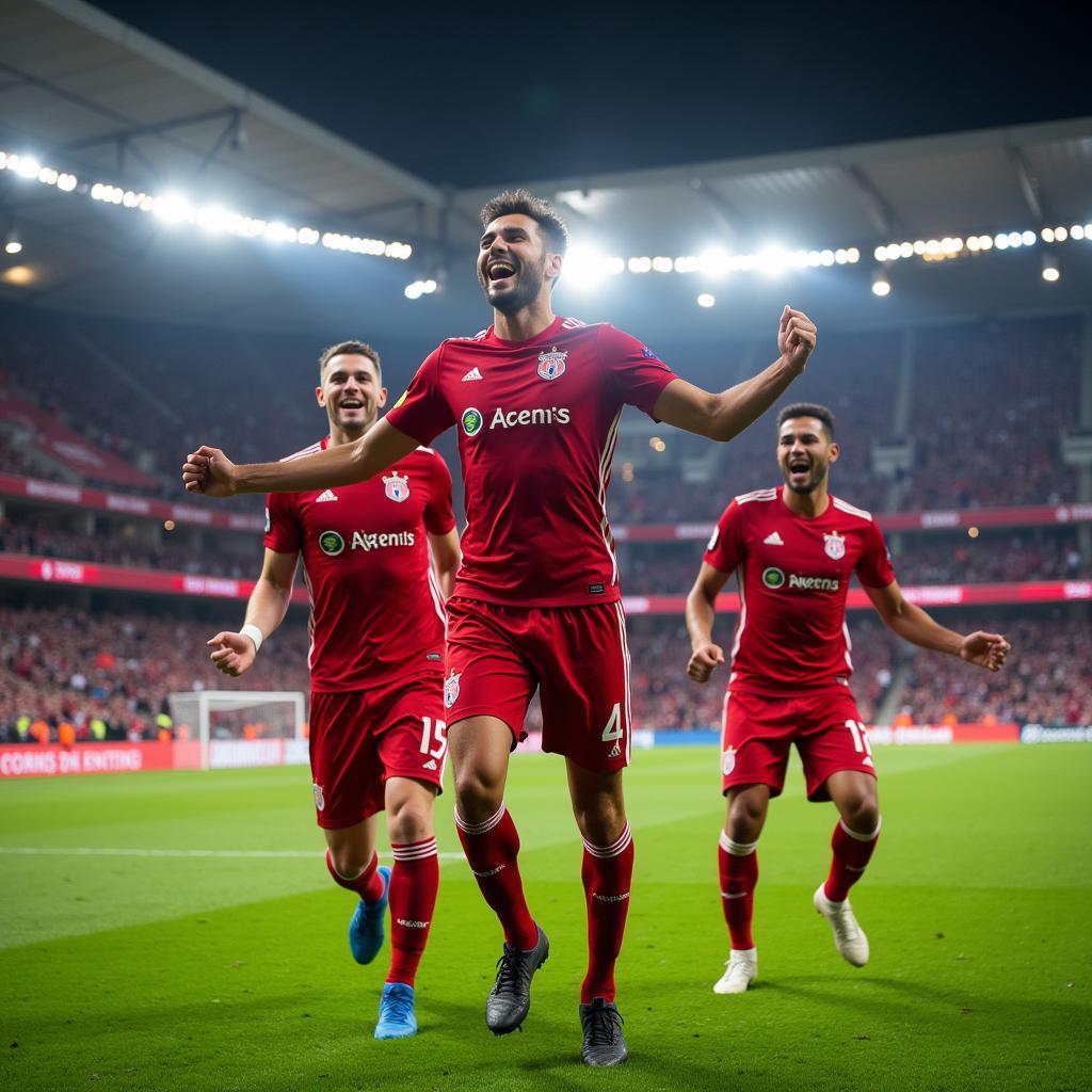 Bayer 04 Leverkusen Spieler feiern ein Tor im Stadion BayArena.