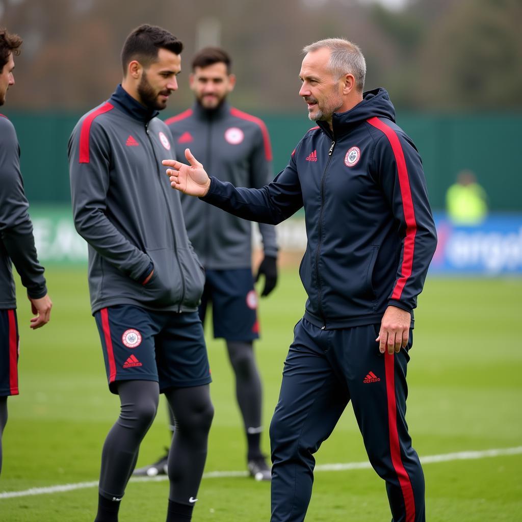 Bayer 04 Leverkusen Trainer im Gespräch mit Spielern