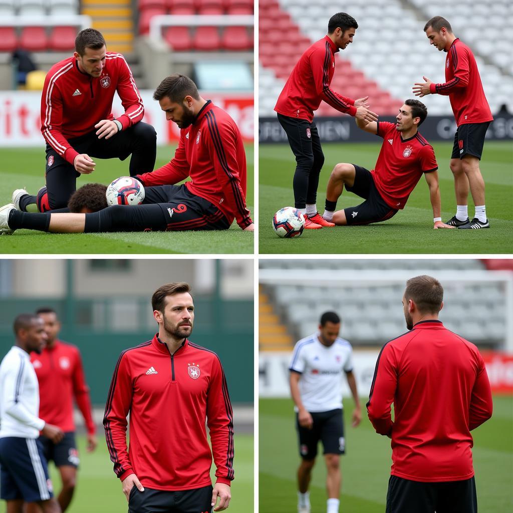 Die Spezialisten des Bayer 04 Leverkusen Trainer Teams bei der Arbeit.