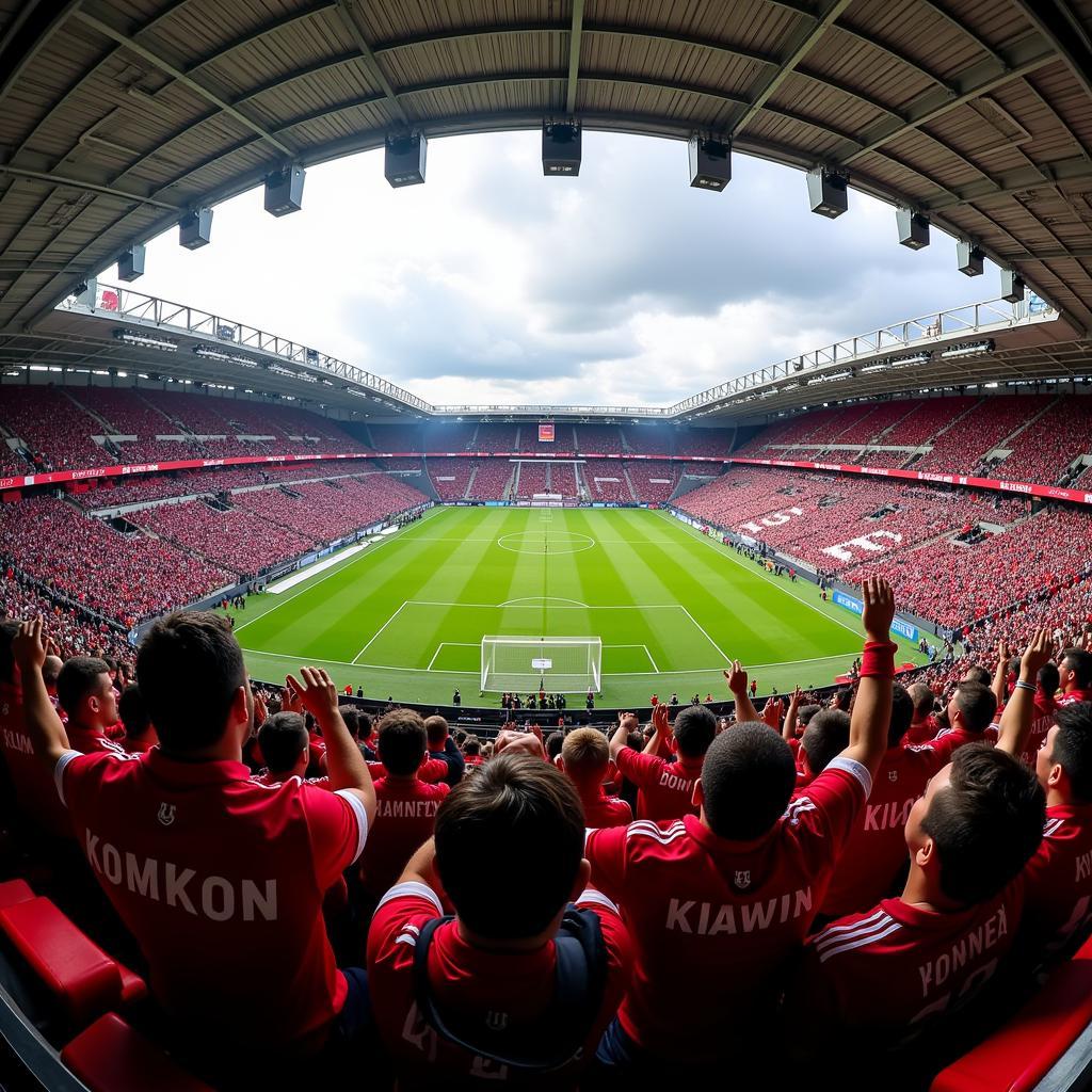 Fans von Bayer 04 Leverkusen und VfL Wolfsburg im Stadion.