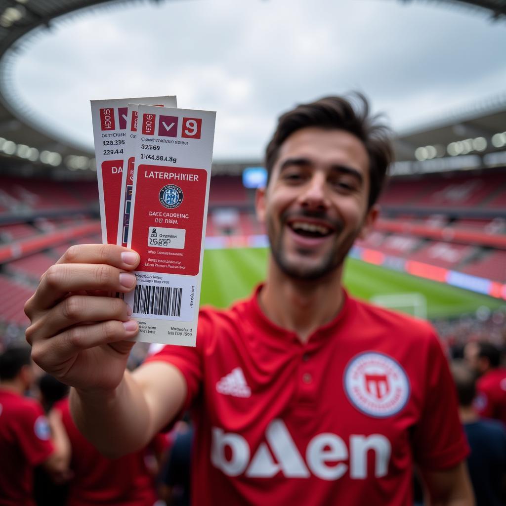 Bayer 04 Leverkusen vs. Fortuna Düsseldorf Tickets kaufen: Ein Fan hält seine Tickets in die Höhe vor dem Stadion.