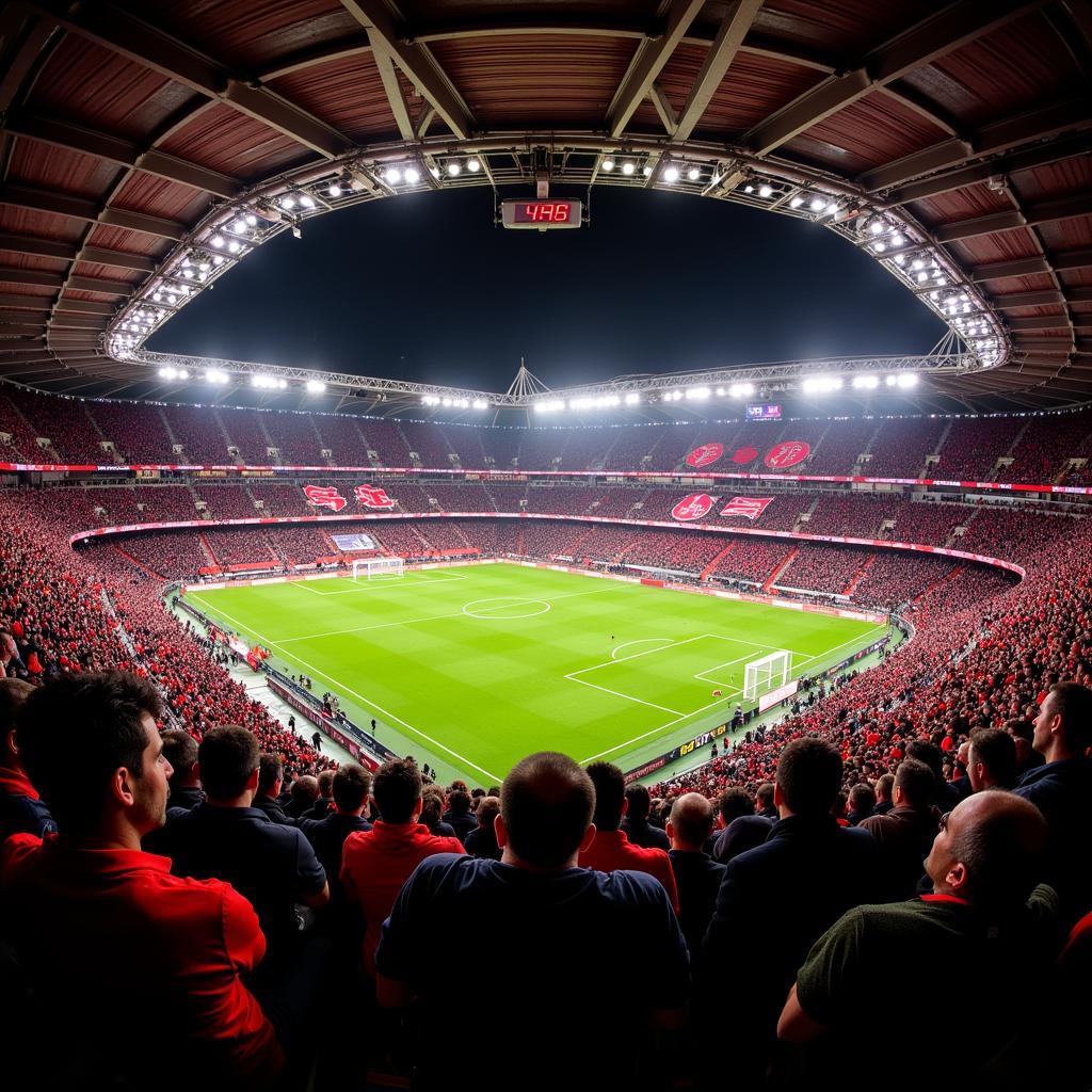 Panoramablick auf die BayArena mit jubelnden Fans im Hintergrund während eines Bayer 04 Leverkusen Spiels