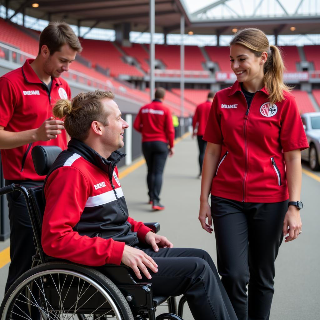 Bayer 04 Service Mitarbeiter helfen Fans