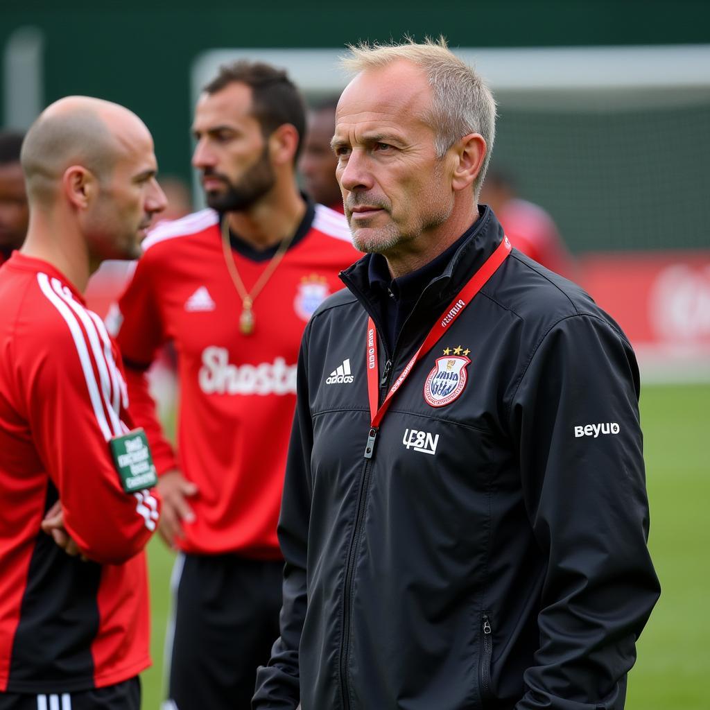 Trainer Klaus Augenthaler mit der Bayer Leverkusen Mannschaft 2004/2005