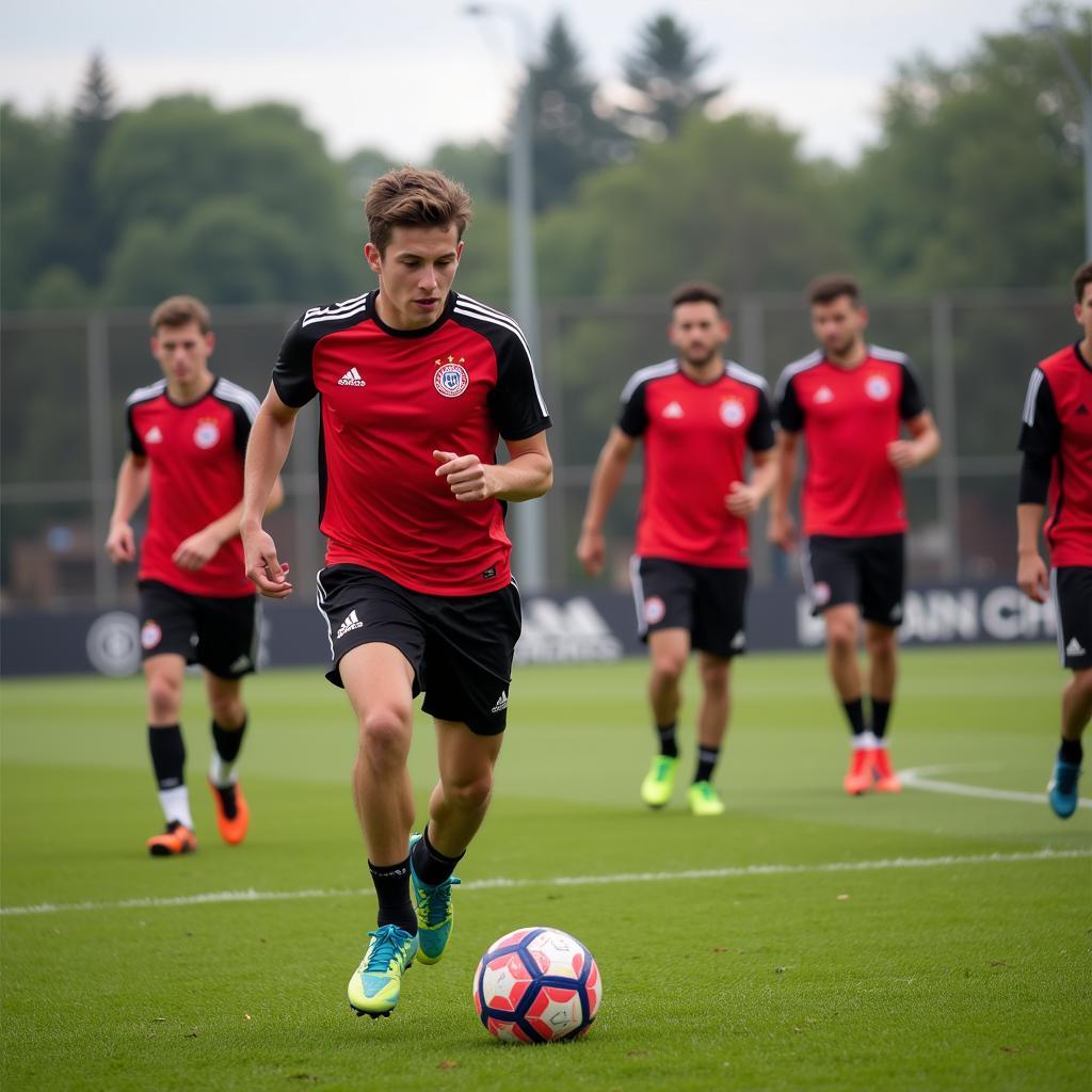 Ein Bild von jungen Bayer Leverkusen Spielern im Training, die die Zukunft des Vereins repräsentieren.