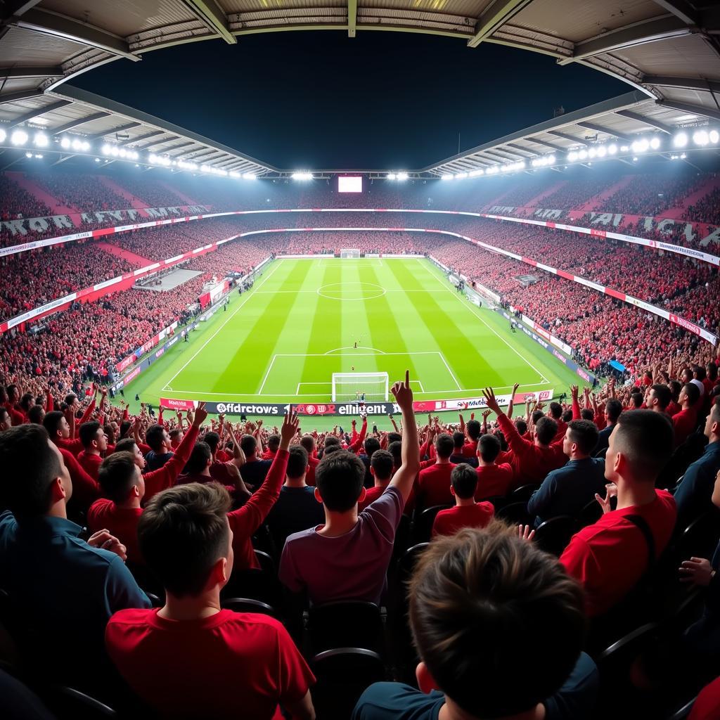 Fans im Stadion bei einem Spiel Bayer Leverkusen gegen Bayern München