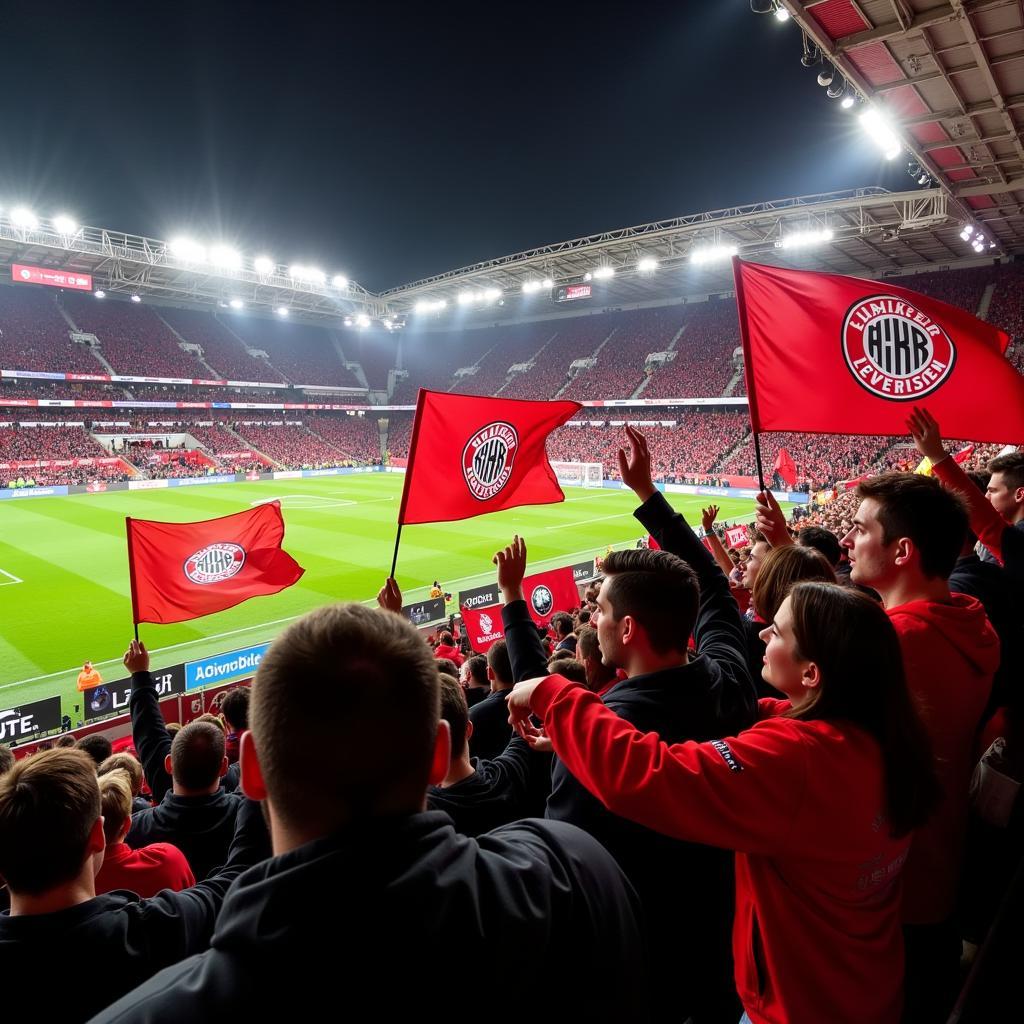 Bayer Leverkusen Fans feiern ihre Mannschaft in der Champions League