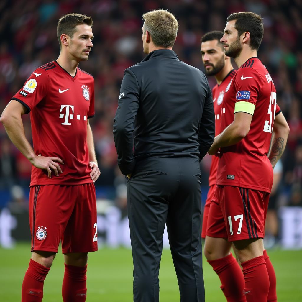 Bayer Leverkusen Trainer bespricht die Taktik mit seinen Spielern vor einem Champions League Spiel