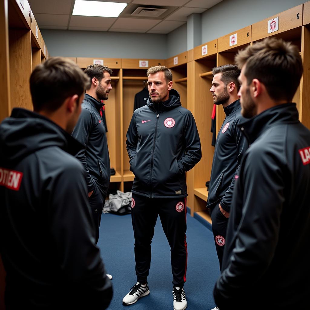 Bayer Leverkusen Trainer bespricht die Taktik mit seinen Spielern vor einem Champions League Spiel.