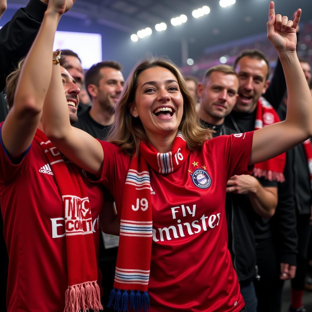 Fans des Bayer Leverkusen feiern gemeinsam den Sieg ihrer Mannschaft. Sie tragen Trikots und Schals des Vereins.