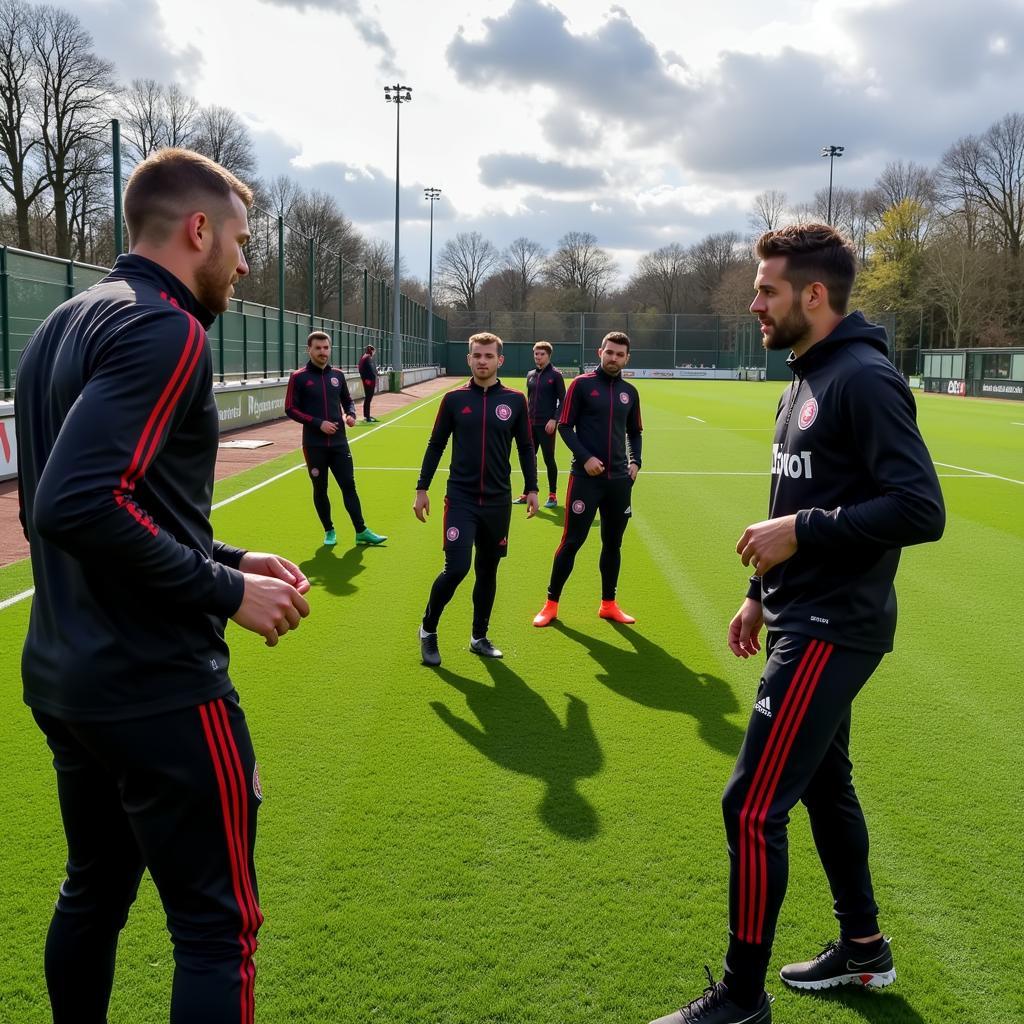 Ein Blick hinter die Kulissen des Bayer Leverkusen Trainingsgeländes. Spieler trainieren unter Anleitung des Trainers.