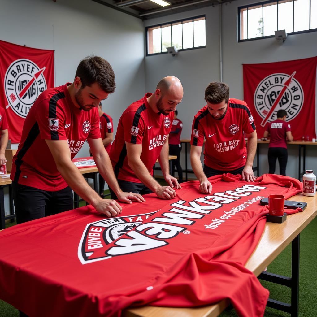 Vorbereitung der Choreo: Bayer Leverkusen Fans arbeiten zusammen