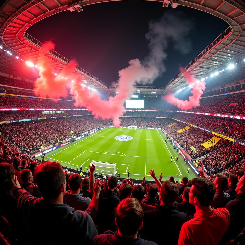 Die elektrisierende Atmosphäre im Stadion bei einem Spiel zwischen Bayer Leverkusen und Borussia Dortmund