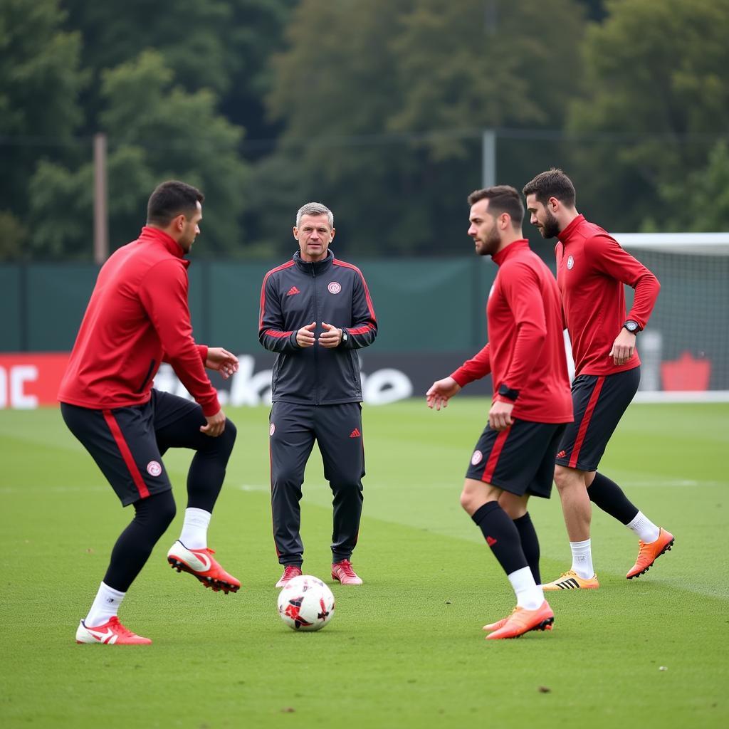 Bayer Leverkusen Spieler trainieren auf dem Platz unter Anleitung des Trainers.