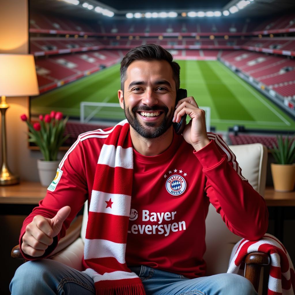 Bayer Leverkusen Fan telefoniert