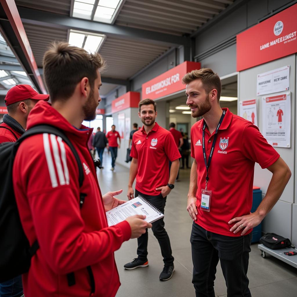 Fanbeauftragte von Bayer 04 Leverkusen beraten Fans.