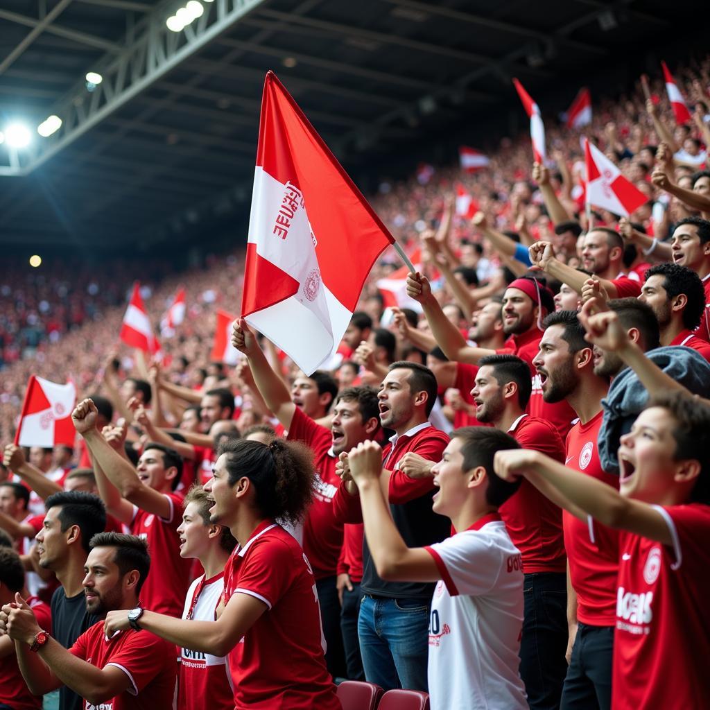 Fans von Bayer Leverkusen im Stadion.