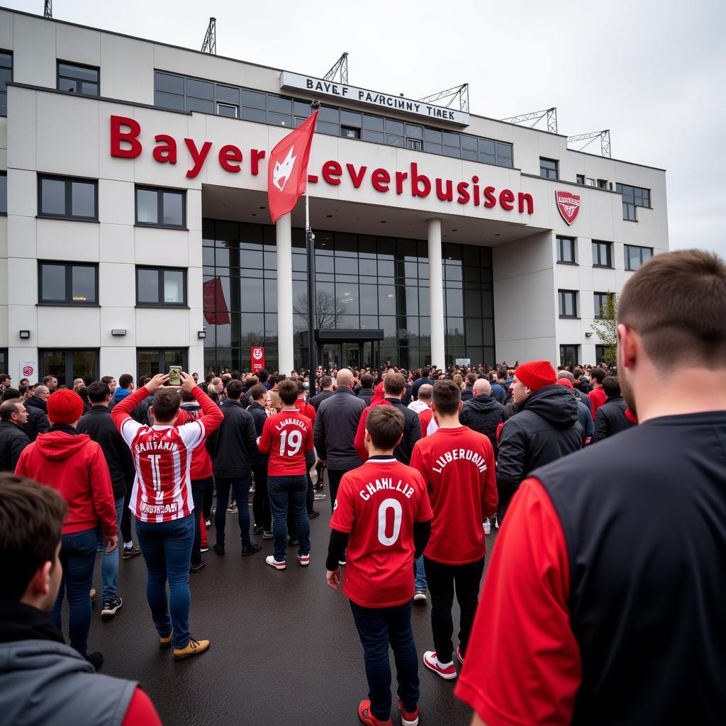 Bayer Leverkusen Fans vor dem Verwaltungsgebäude Adolf-Kaschny-Straße