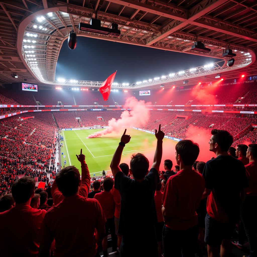 Die Fans von Bayer 04 Leverkusen in der BayArena feuern ihre Mannschaft an.