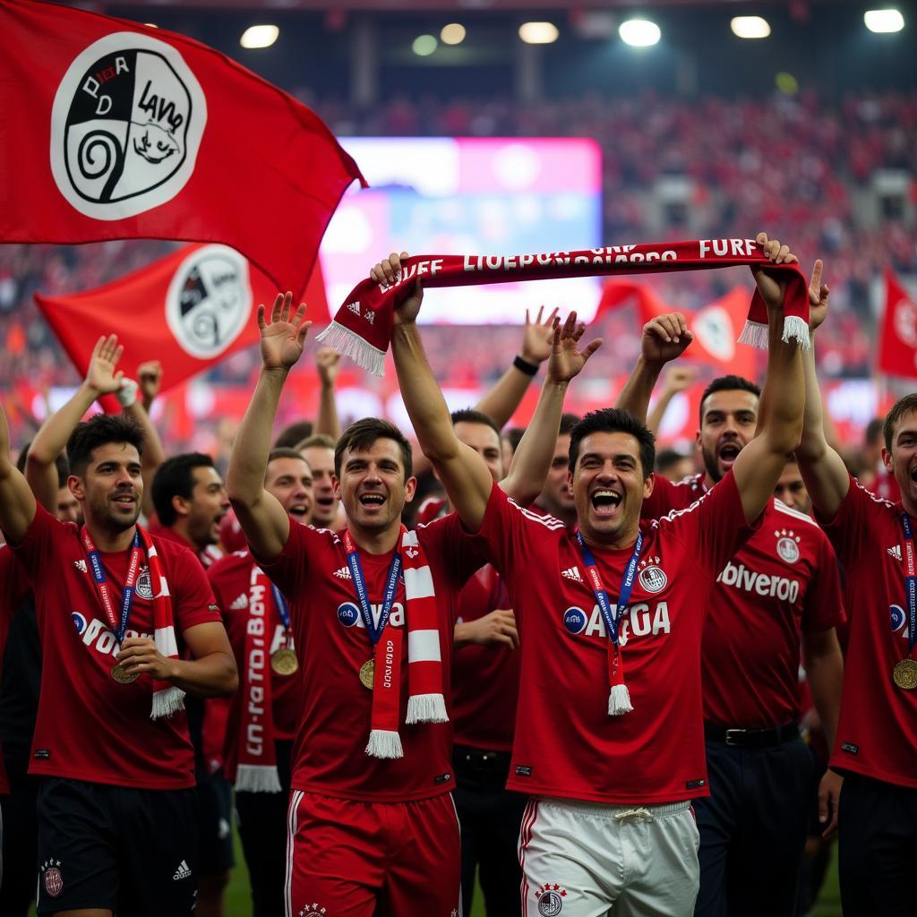 Bayer Leverkusen Fans feiern einen Sieg