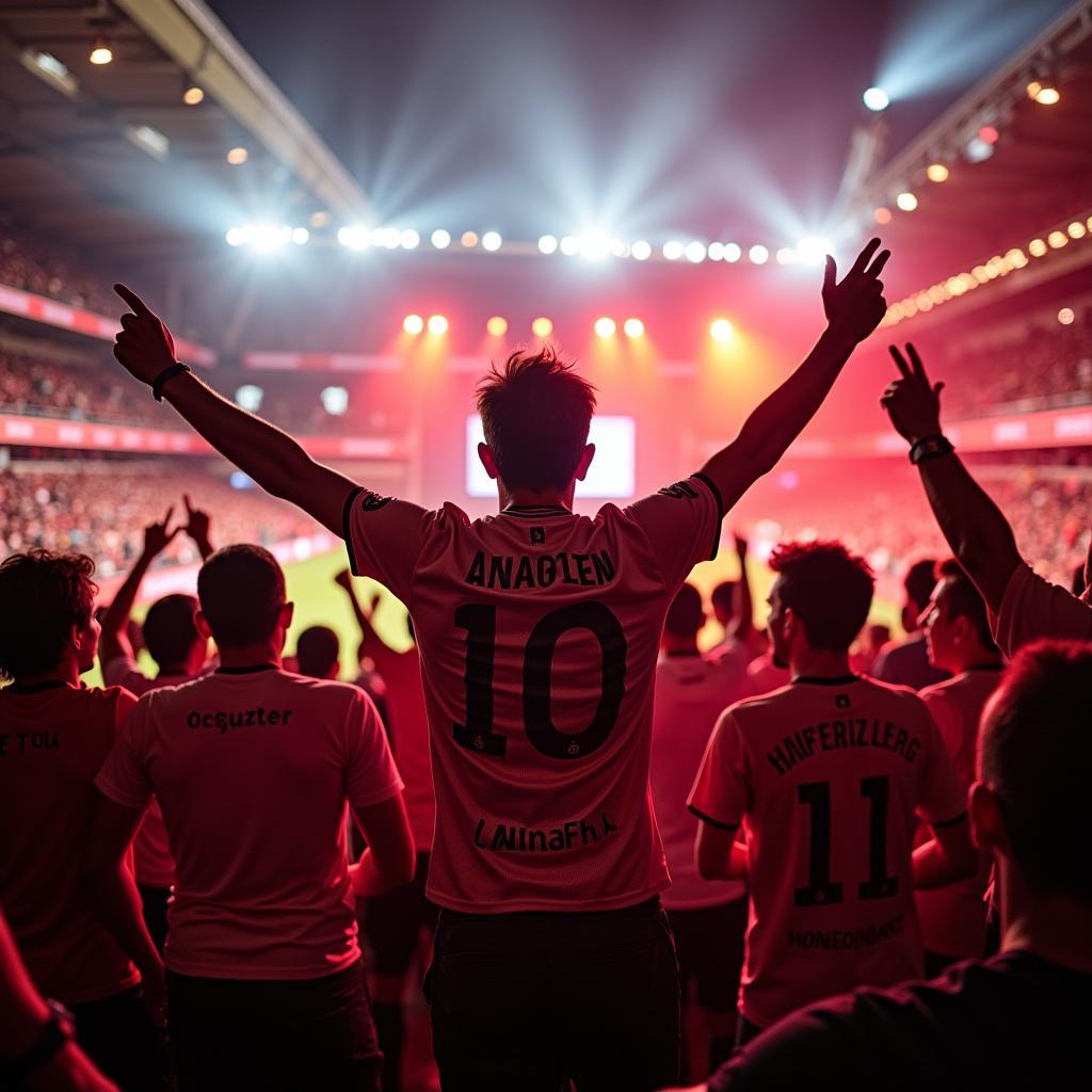 Bayer Leverkusen Fans feiern ein Tor: Jubelnde Fans im Stadion.