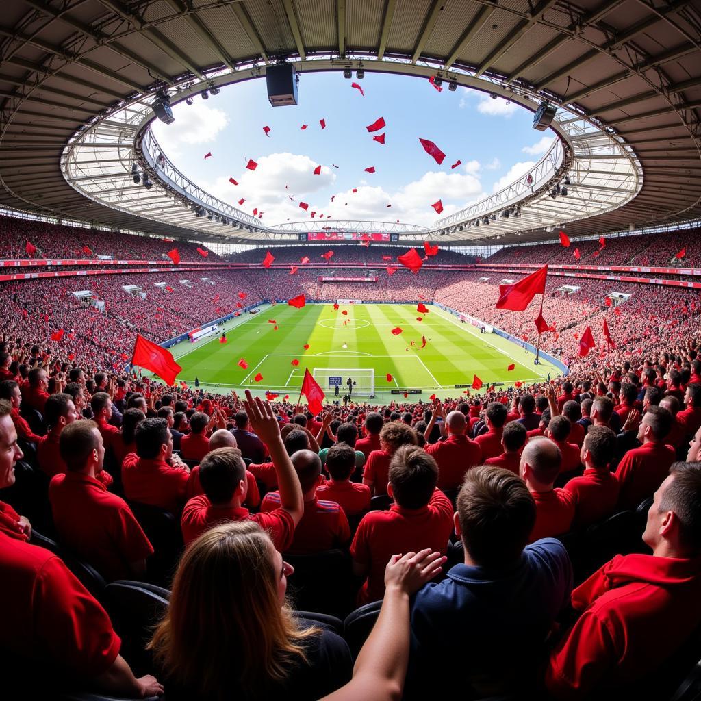 Bayer Leverkusen Fans feiern einen Sieg im Stadion