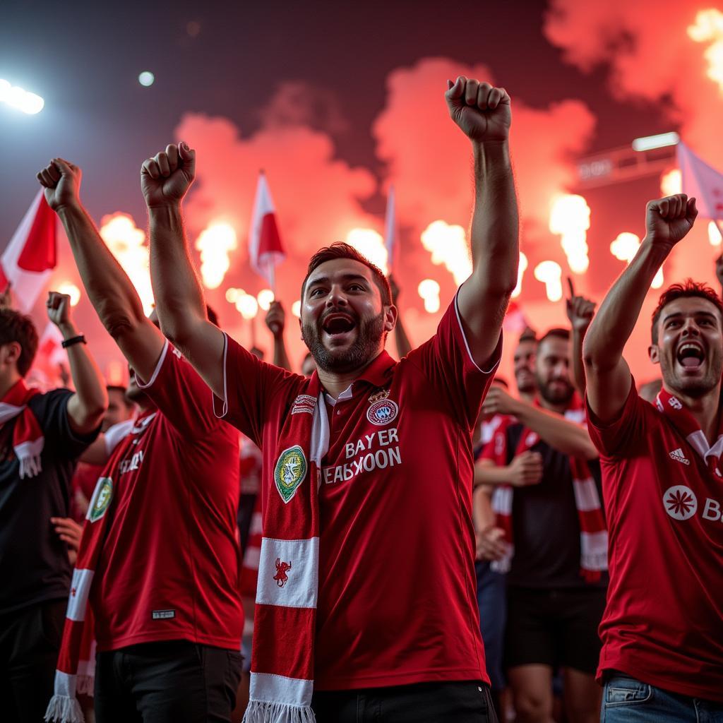 Bayer Leverkusen Fans feiern einen Europapokal-Sieg.