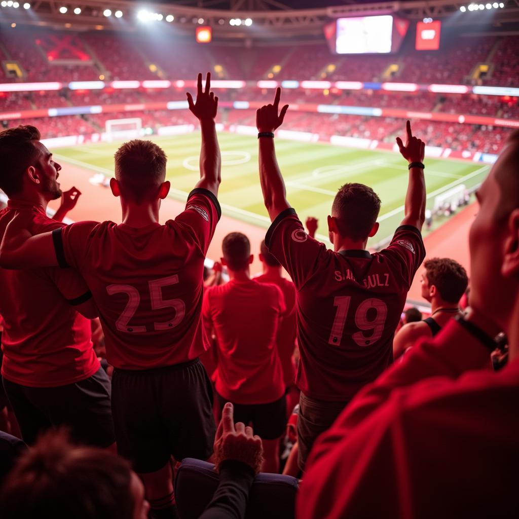 Bayer Leverkusen Fans feiern einen Sieg im Stadion