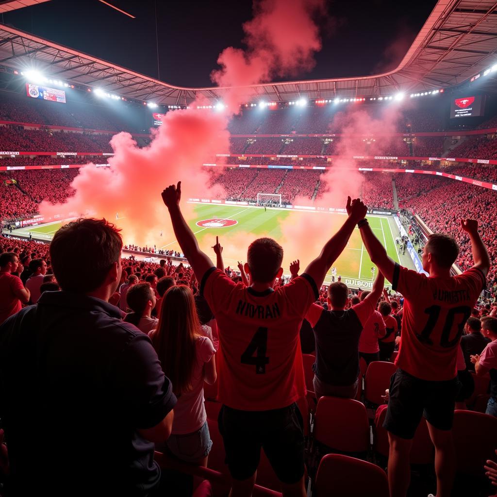 Bayer Leverkusen Fans feiern einen Sieg im Stadion.