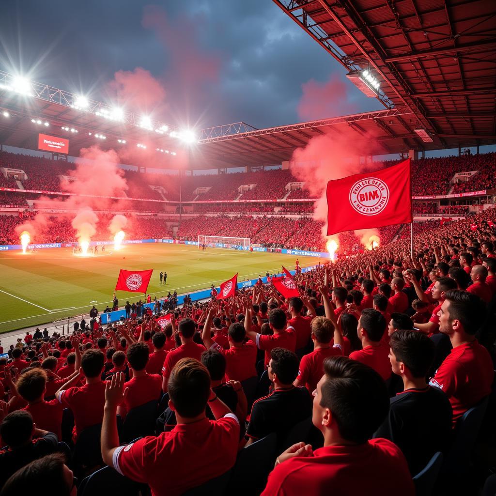 Jubelnde Fans von Bayer Leverkusen im Stadion