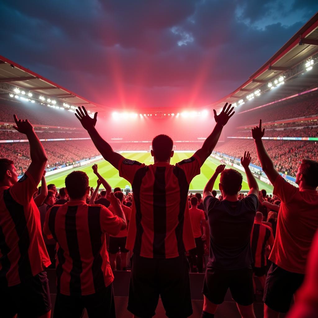 Bayer Leverkusen Fans feuern ihre Mannschaft im Stadion an