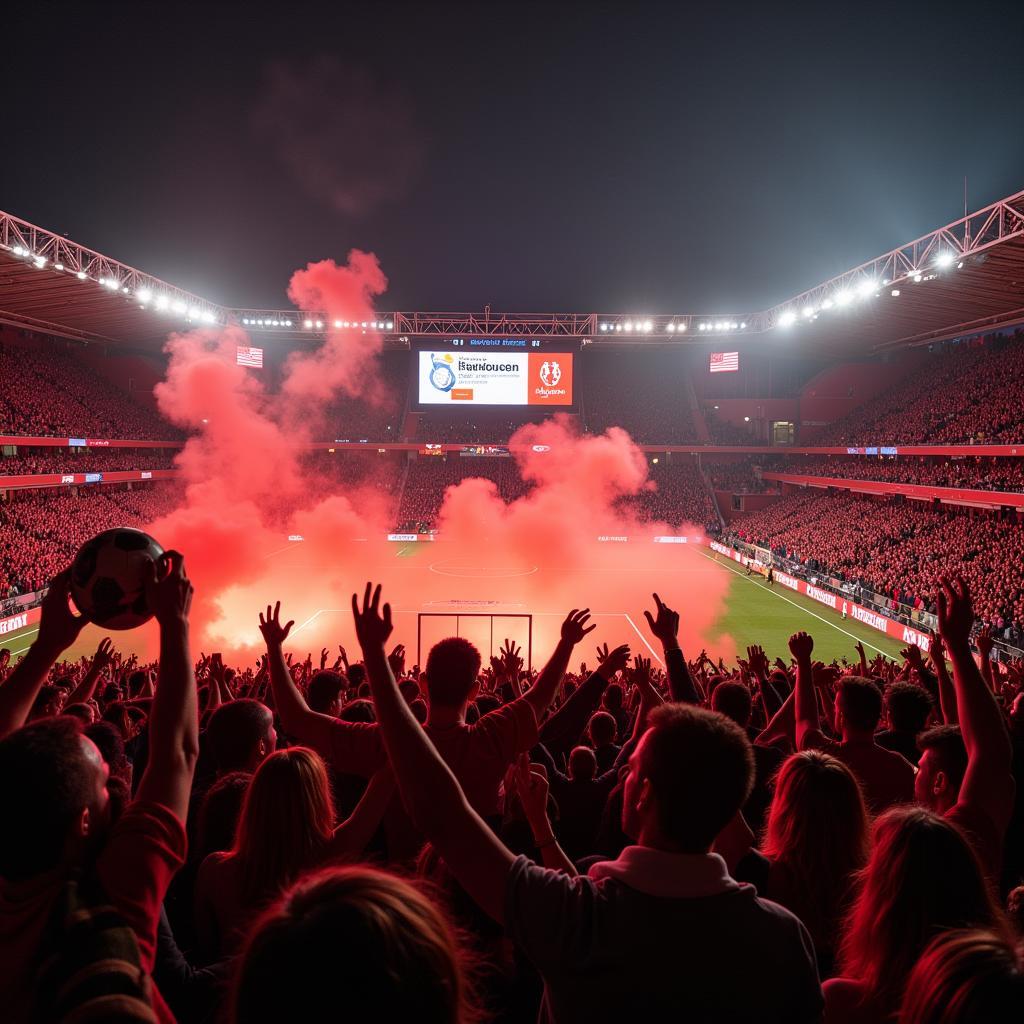 Bayer Leverkusen Fans feiern in der BayArena