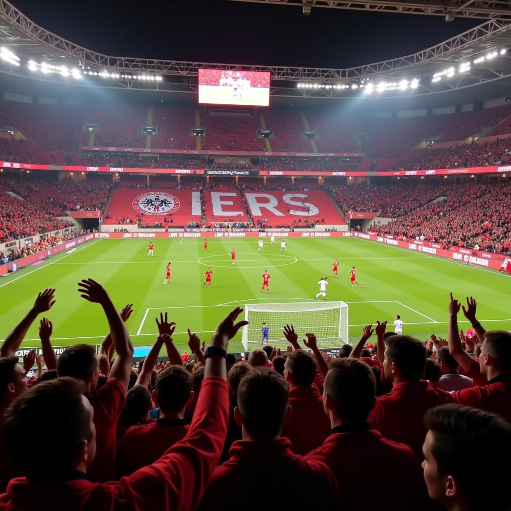 Bayer Leverkusen Fans feiern in der BayArena ein Tor.