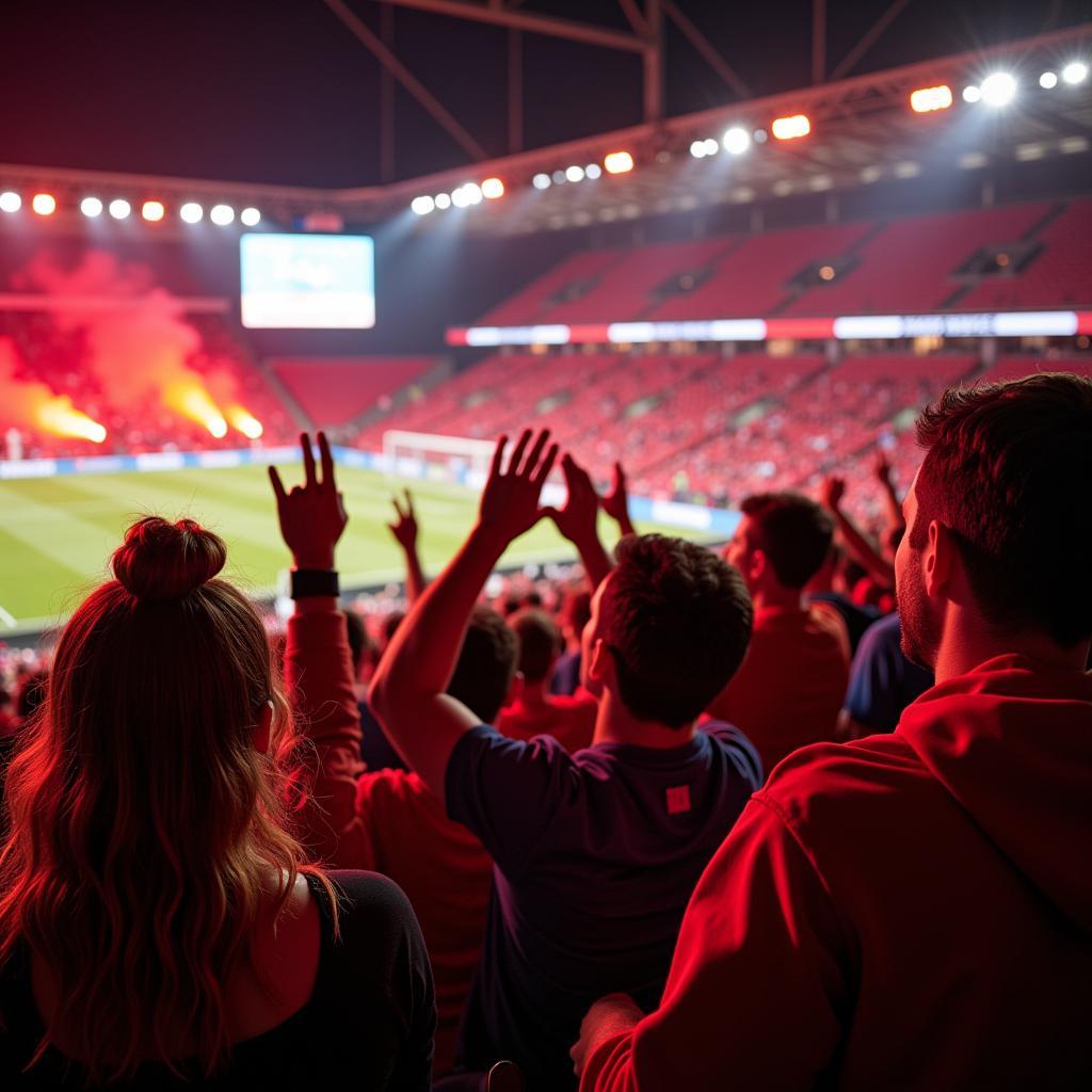 Jubelnde Fans von Bayer Leverkusen im Stadion im Jahr 2019