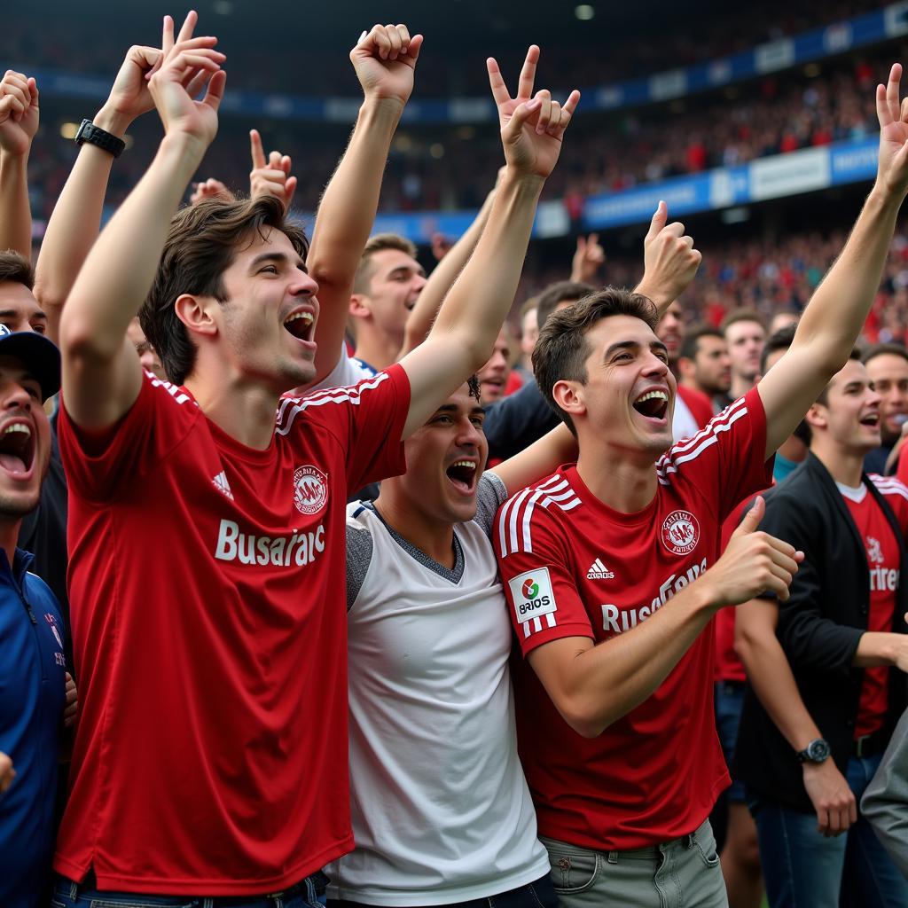 Jubelnde Bayer Leverkusen Fans im Stadion.