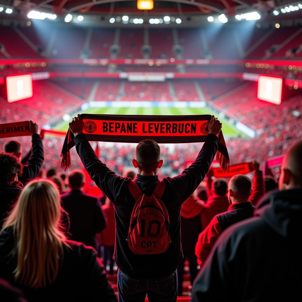 Bayer Leverkusen Fans mit Vereinsschals im Stadion