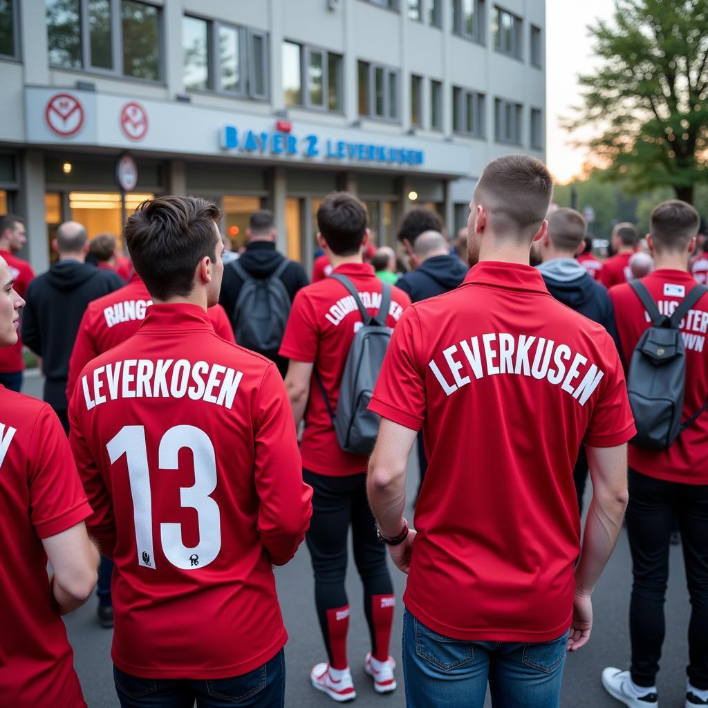 Bayer Leverkusen Fans treffen sich vor der Geschäftsstelle in der Friedrich-List-Straße