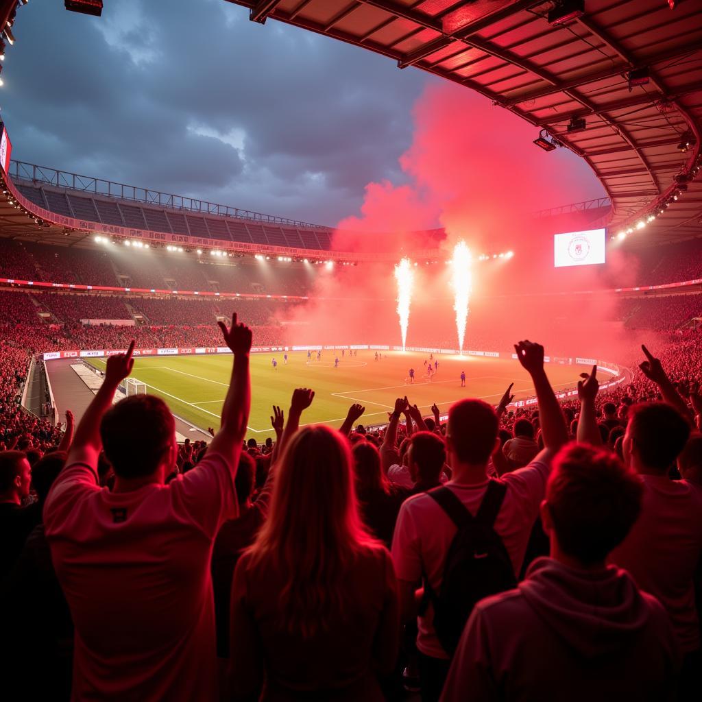 Bayer Leverkusen Fans unterstützen ihr Team im Stadion