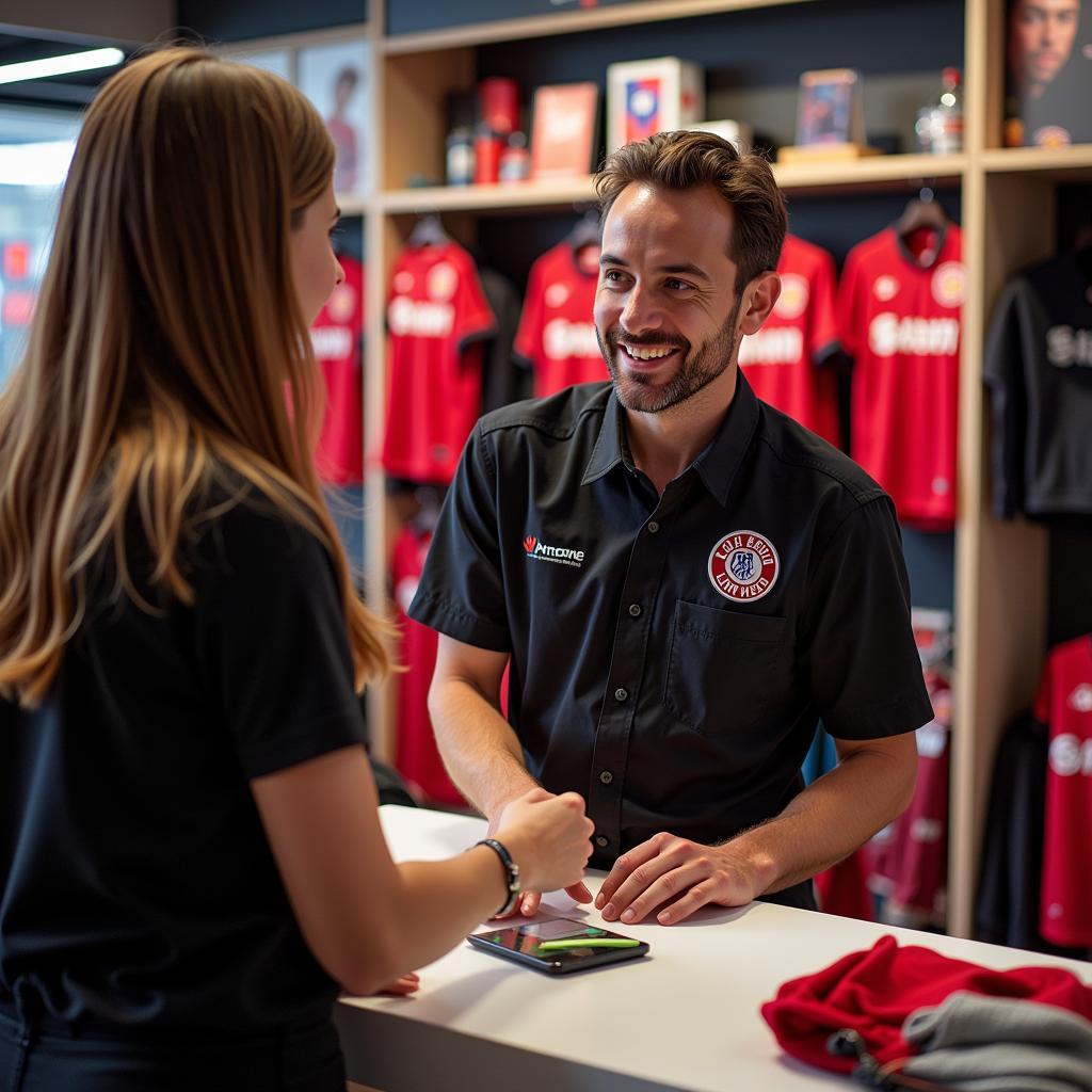 Mitarbeiter im Bayer Leverkusen Fanshop bedient Kunden