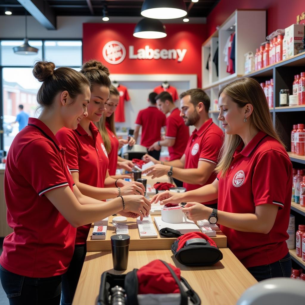 Das Team im Bayer Leverkusen Fanshop bei der Arbeit