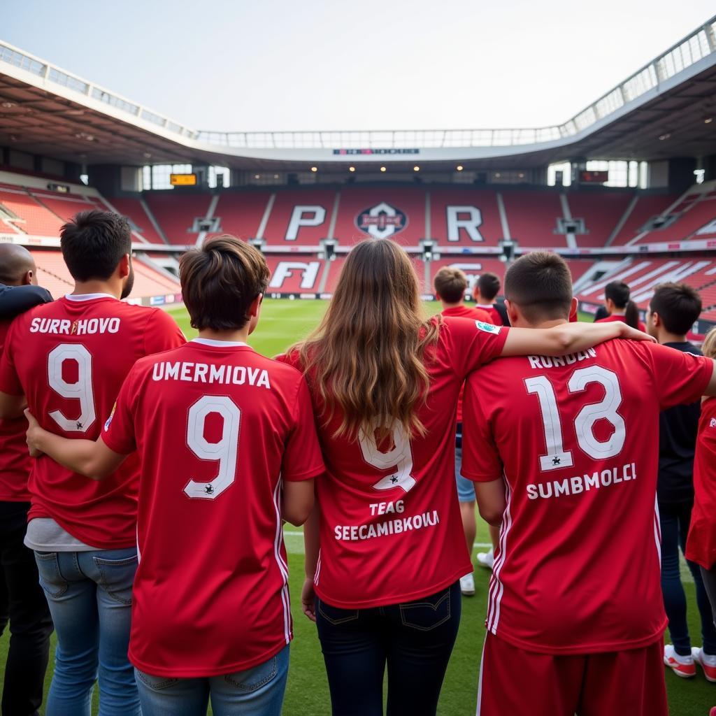 Bayer Leverkusen Fans im Stadion mit Trikots